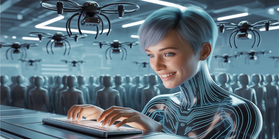 Representação artística da era da inteligência artificial: humanos observados e controlados por sistemas mais inteligentes que nós./Ilustração Cortesia Editorial Ideia