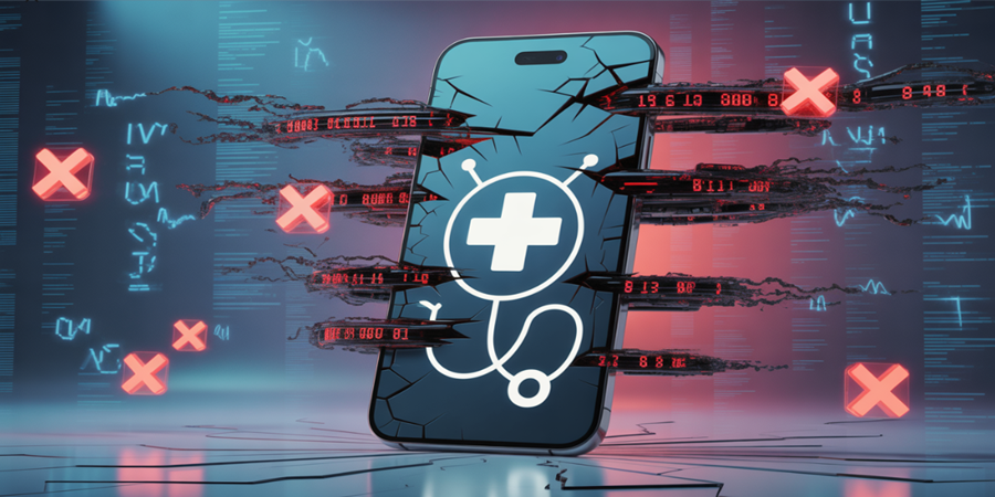 Representação visual do risco: a IA do Google, simbolizada pelo código, corrompendo informações médicas vitais no dispositivo do usuário.